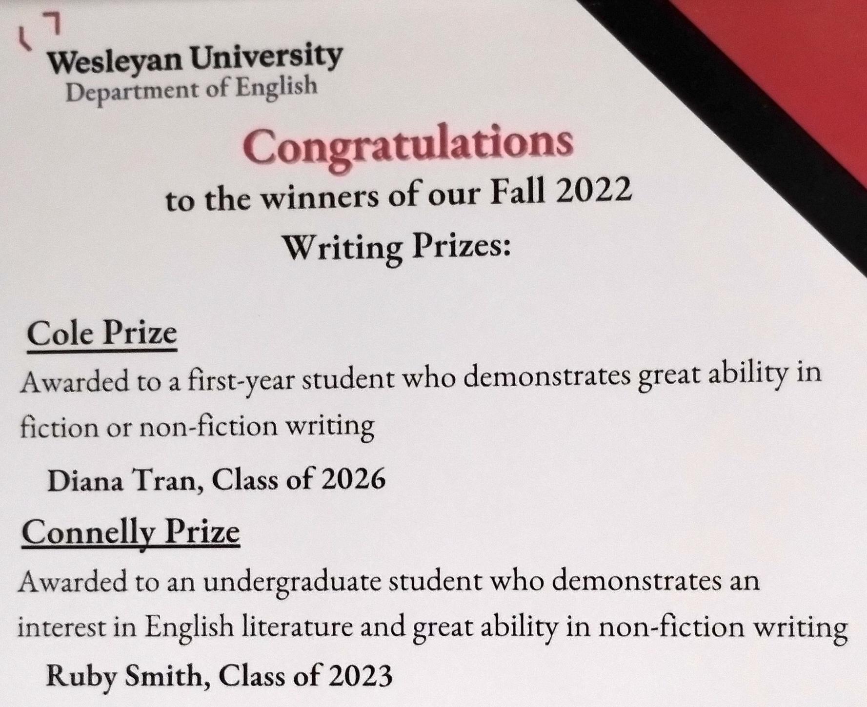 Announcement of Diana Tran's Fiction Prize